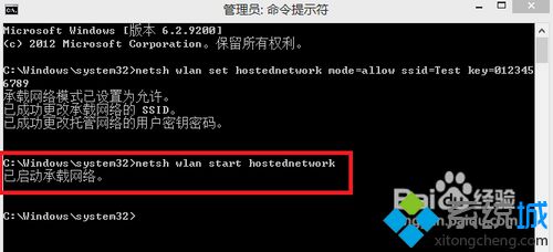 输入命令“netsh wlan start hostednetwork”