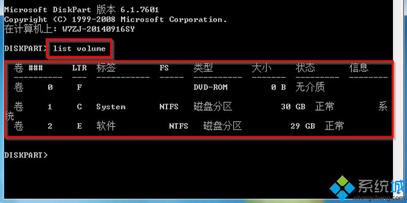 輸入“list volume”命令后按回車鍵