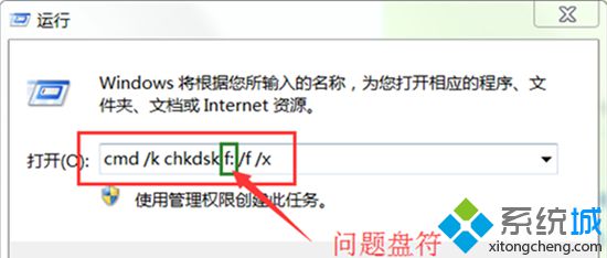 cmd /k chkdsk f: /f /x字符命令