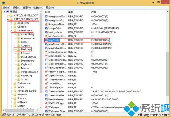 找到“LogPixels”鍵值